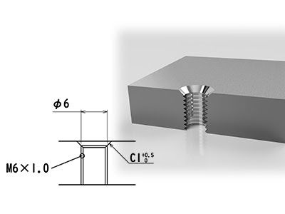 M6x1.0めねじの口元に加工されている1.0の面取り